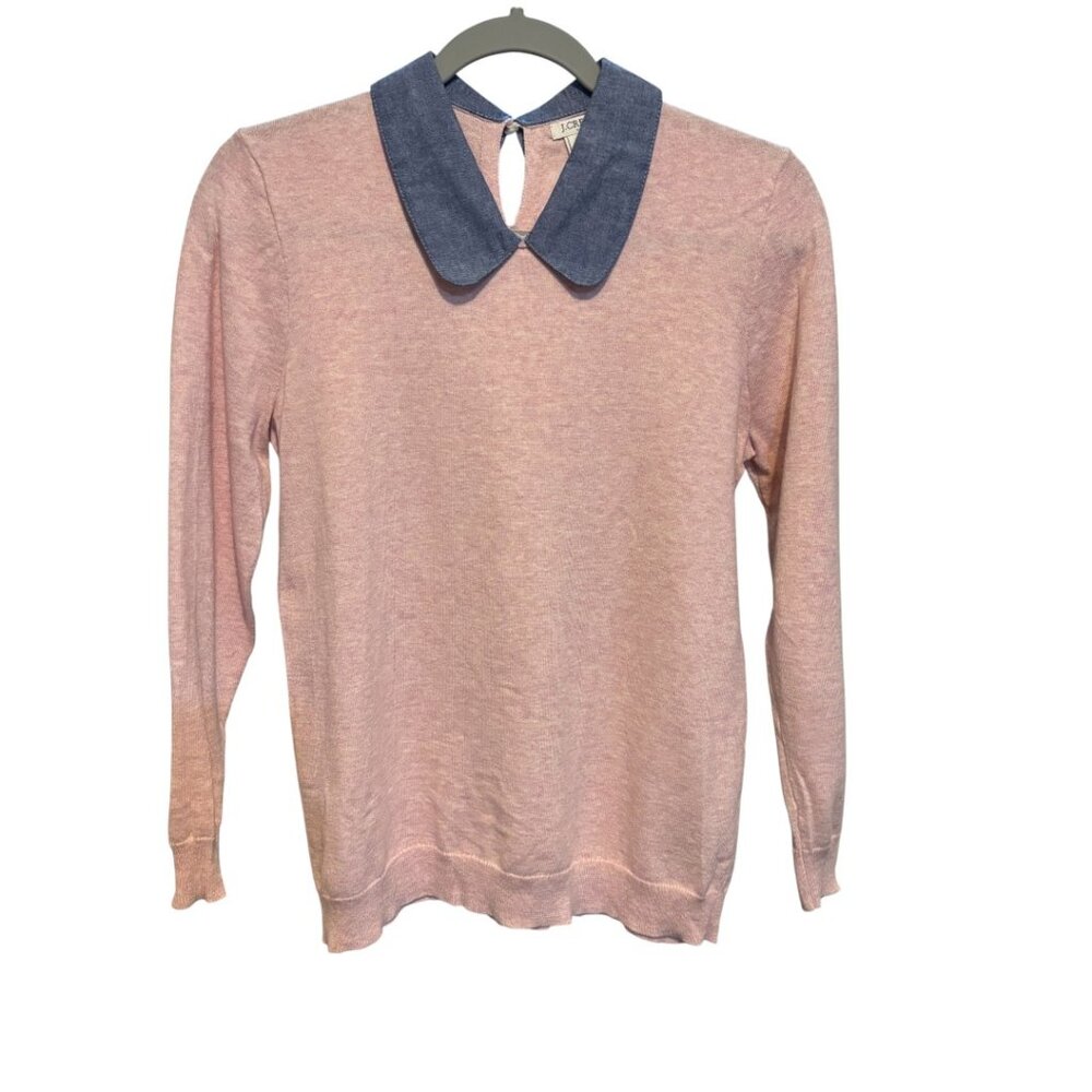 J. Crew Tippi Pink Cotton Blue Denim Collar Long Sleeve Sweater